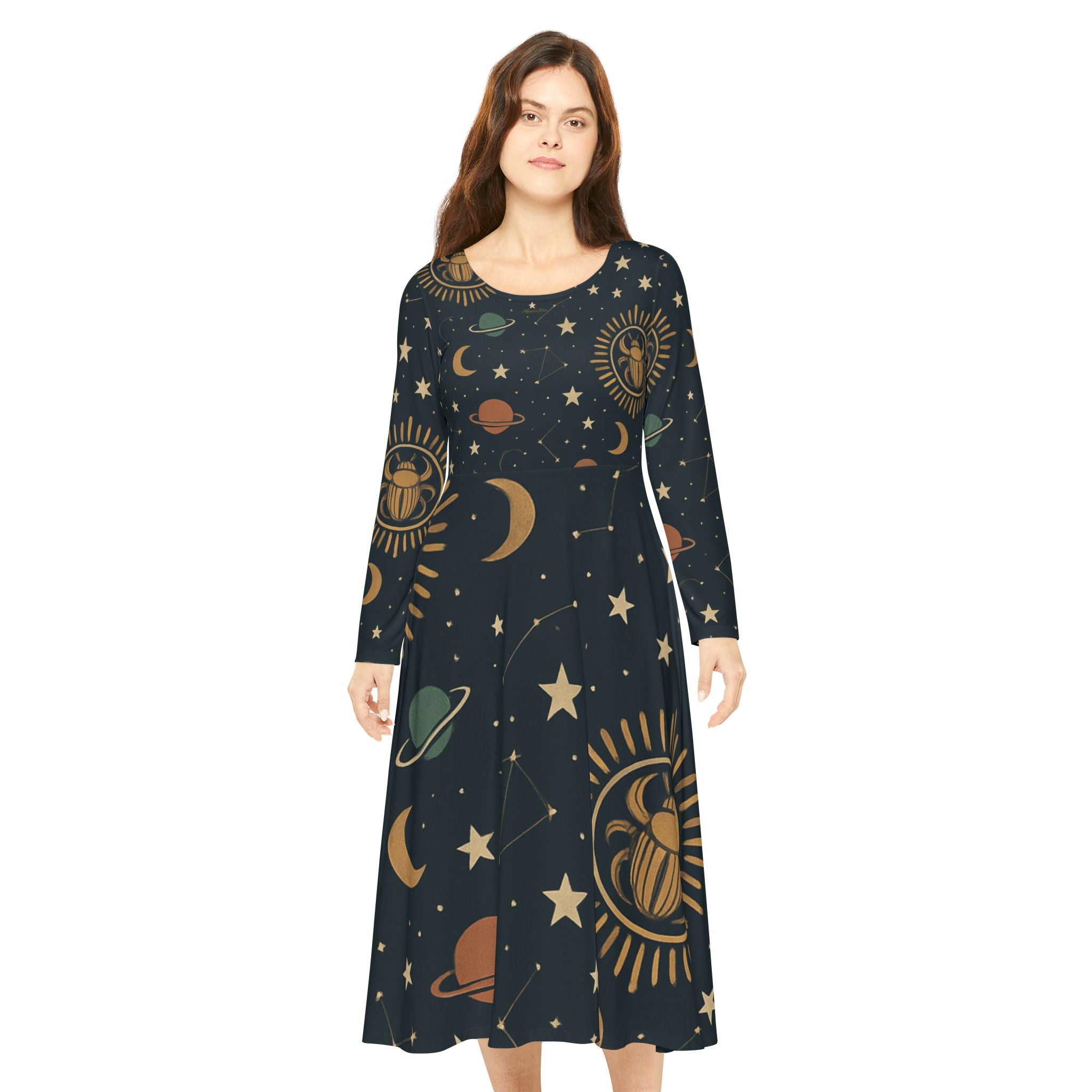 Cosmic Dance Dress - Celestial Long Sleeve Dress, Astrology Dress, Unique Gift, Boho Style, Evening Wear, Festival Fashion