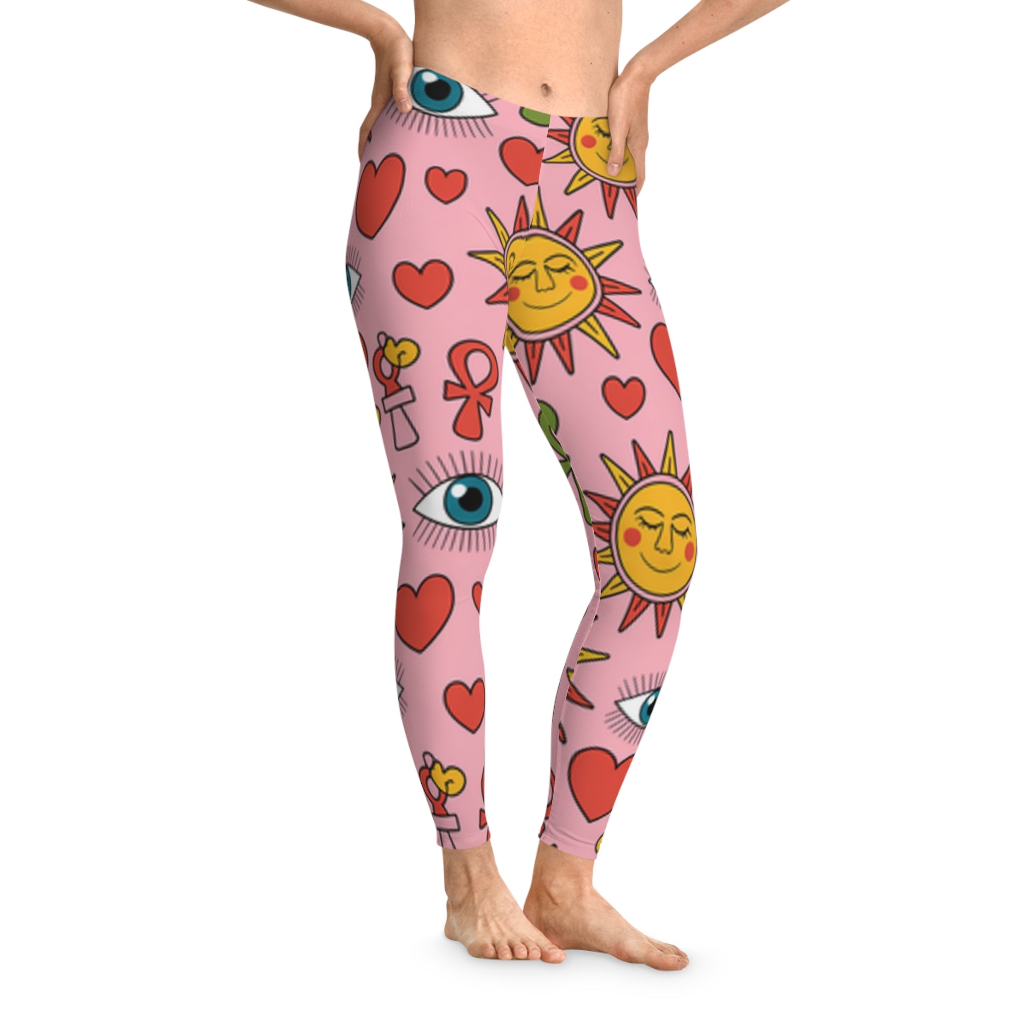 Vibrant Sun and Heart Stretchy Leggings, Perfect for Yoga, Casual Wear, and Gifts, AOP Leggings, Comfortable Fashion, Spring/Summer Style