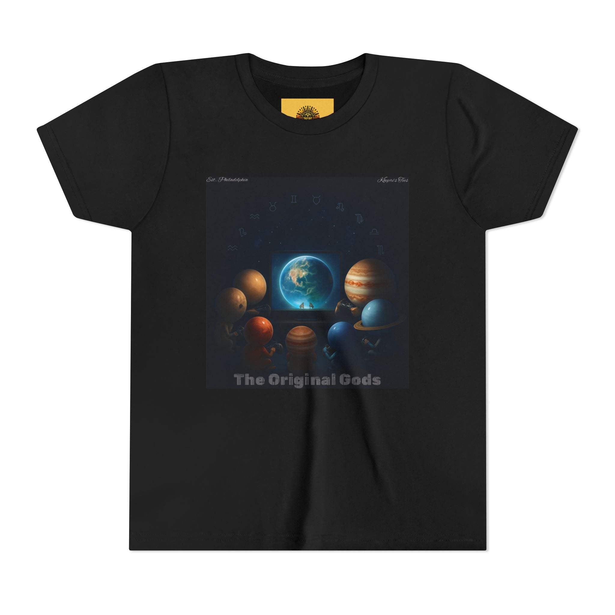 Planets Play Youth Tee — Celestial Planets & Zodiac Message