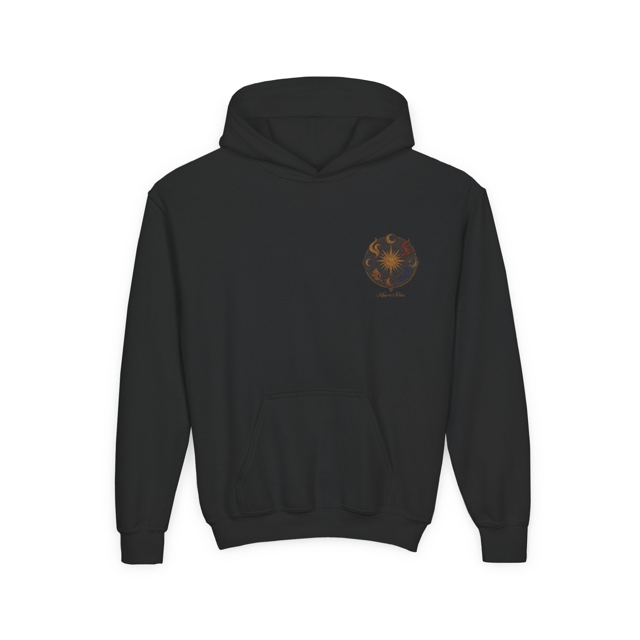 Youth Hoodie — Small Black Solar System Crest Chest Logo, Kids  Graphic Pullover
