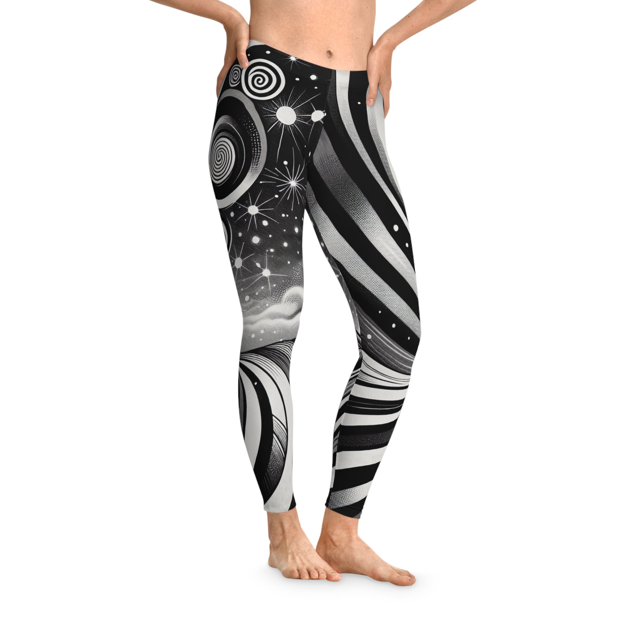 Mind-Bending Black & White Stretchy Leggings, Yoga Pants, Fashionable Athletic Wear, Spiral Swirl Design, Comfortable Workout Tights