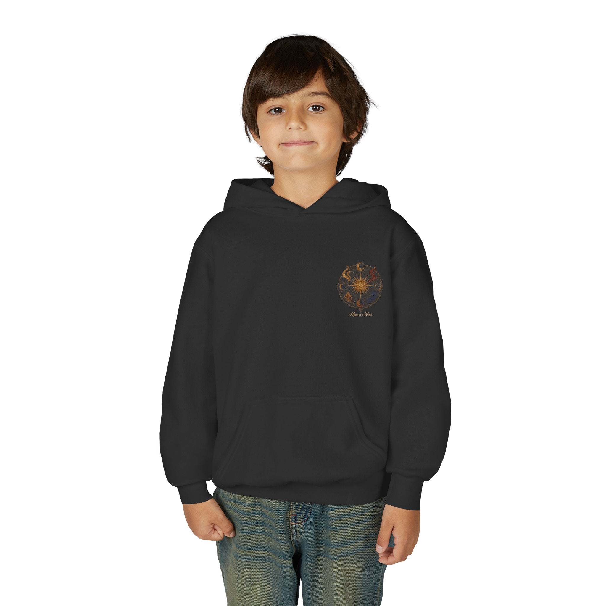 Youth Hoodie — Small Black Solar System Crest Chest Logo, Kids  Graphic Pullover