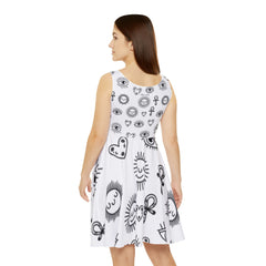 Bohemian Women's Skater Dress, Eye and Sun Pattern, Casual Summer Outfit, Festival Wear, Beach Dress, Black and White Fashion