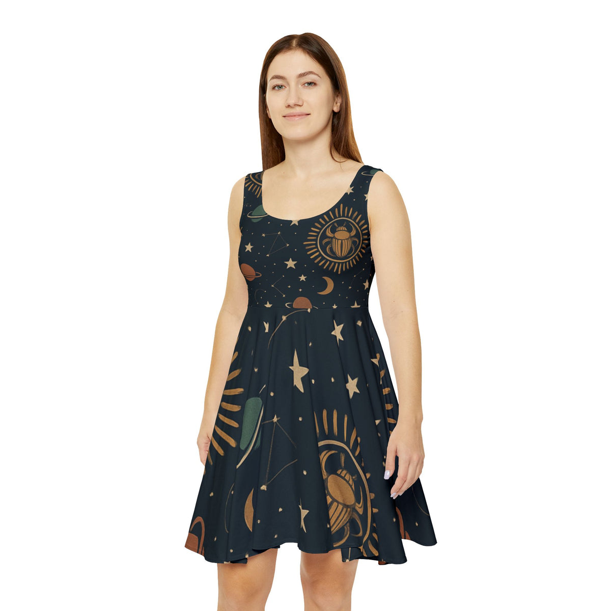 Celestial Women's Skater Dress, AOP Cosmic Dress, Planet Print Dress, Space Theme Dress, Stars and Moons Dress, Unique Summer Dress