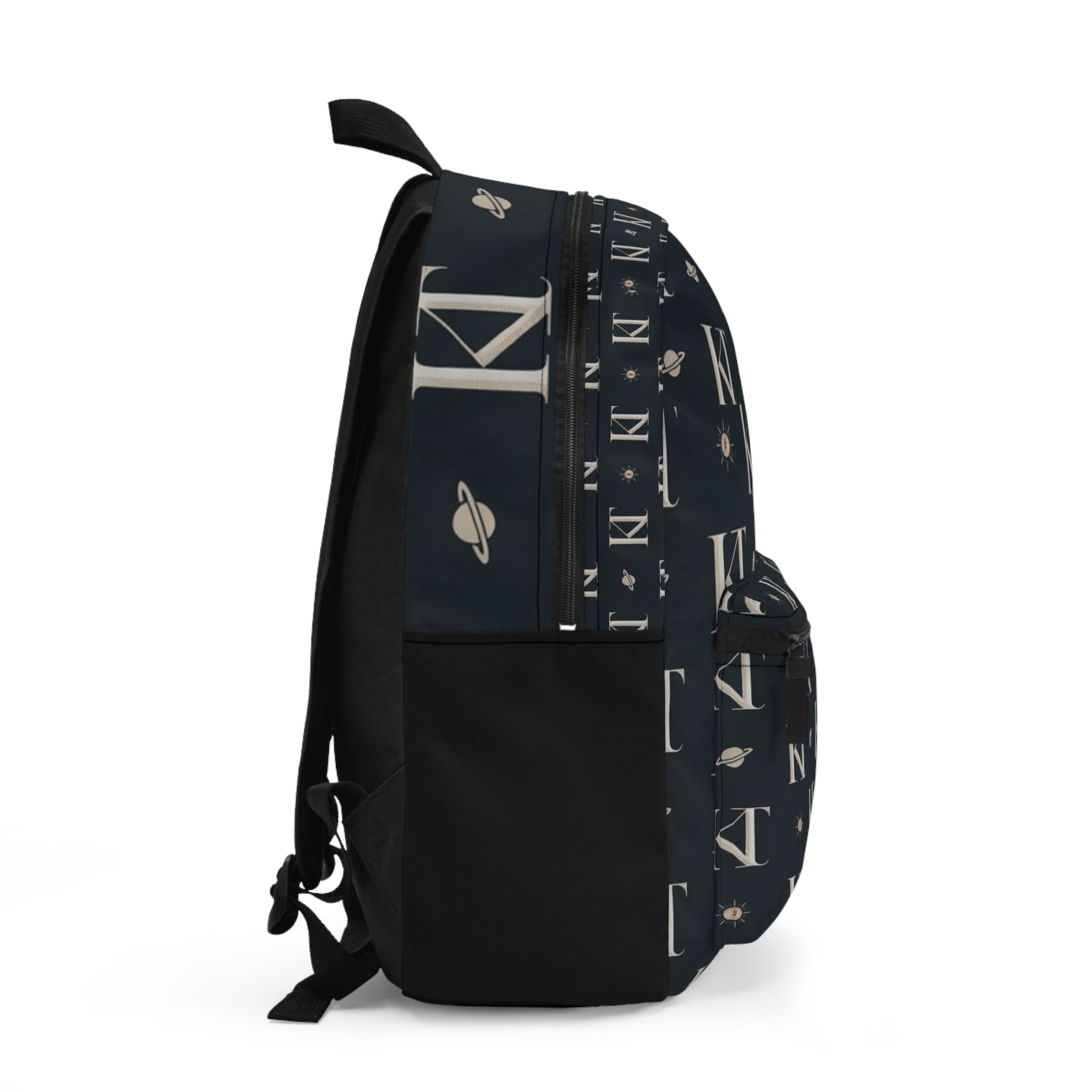 Monogram K Backpack — Navy Initial Pattern with Stars & Planets