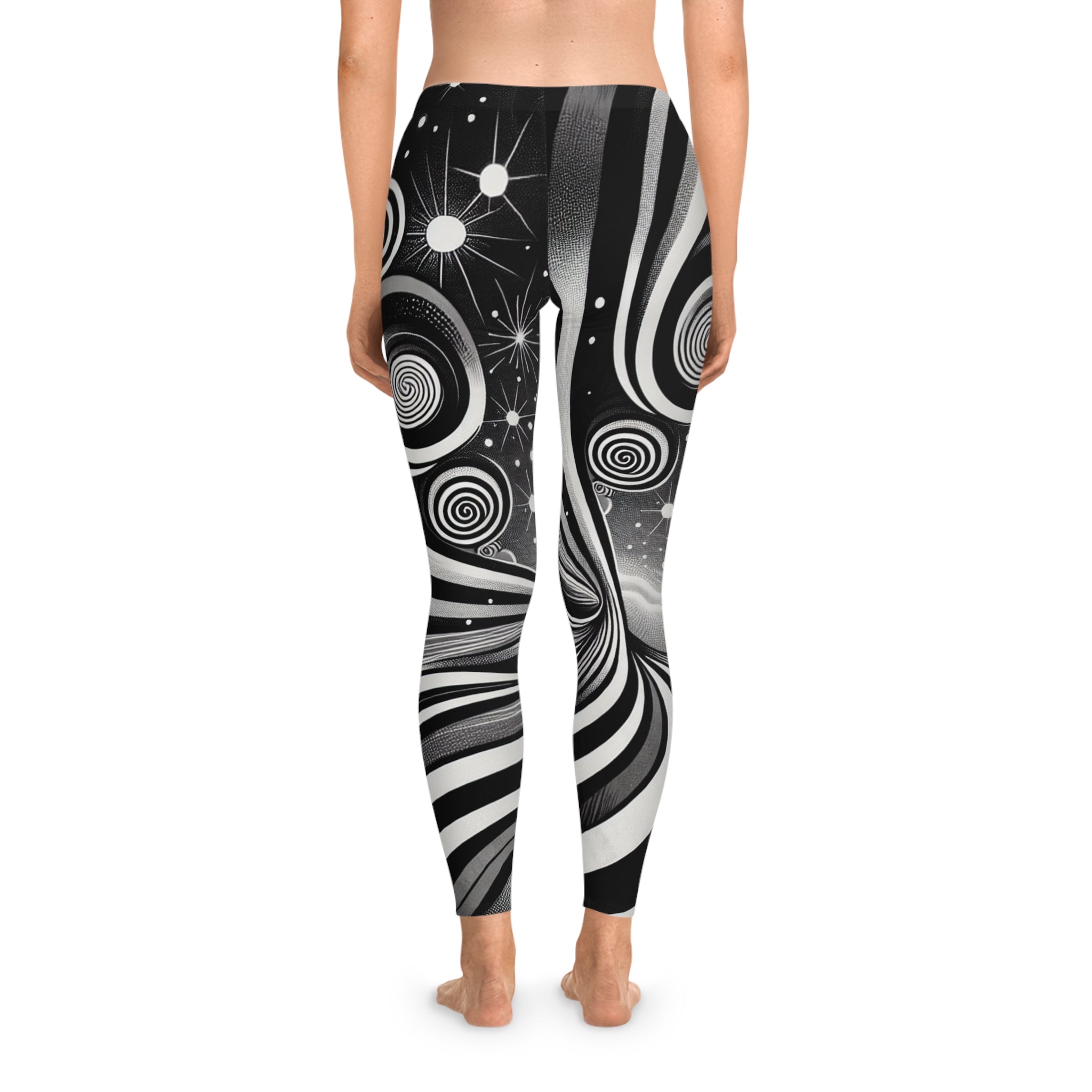 Mind-Bending Black & White Stretchy Leggings, Yoga Pants, Fashionable Athletic Wear, Spiral Swirl Design, Comfortable Workout Tights