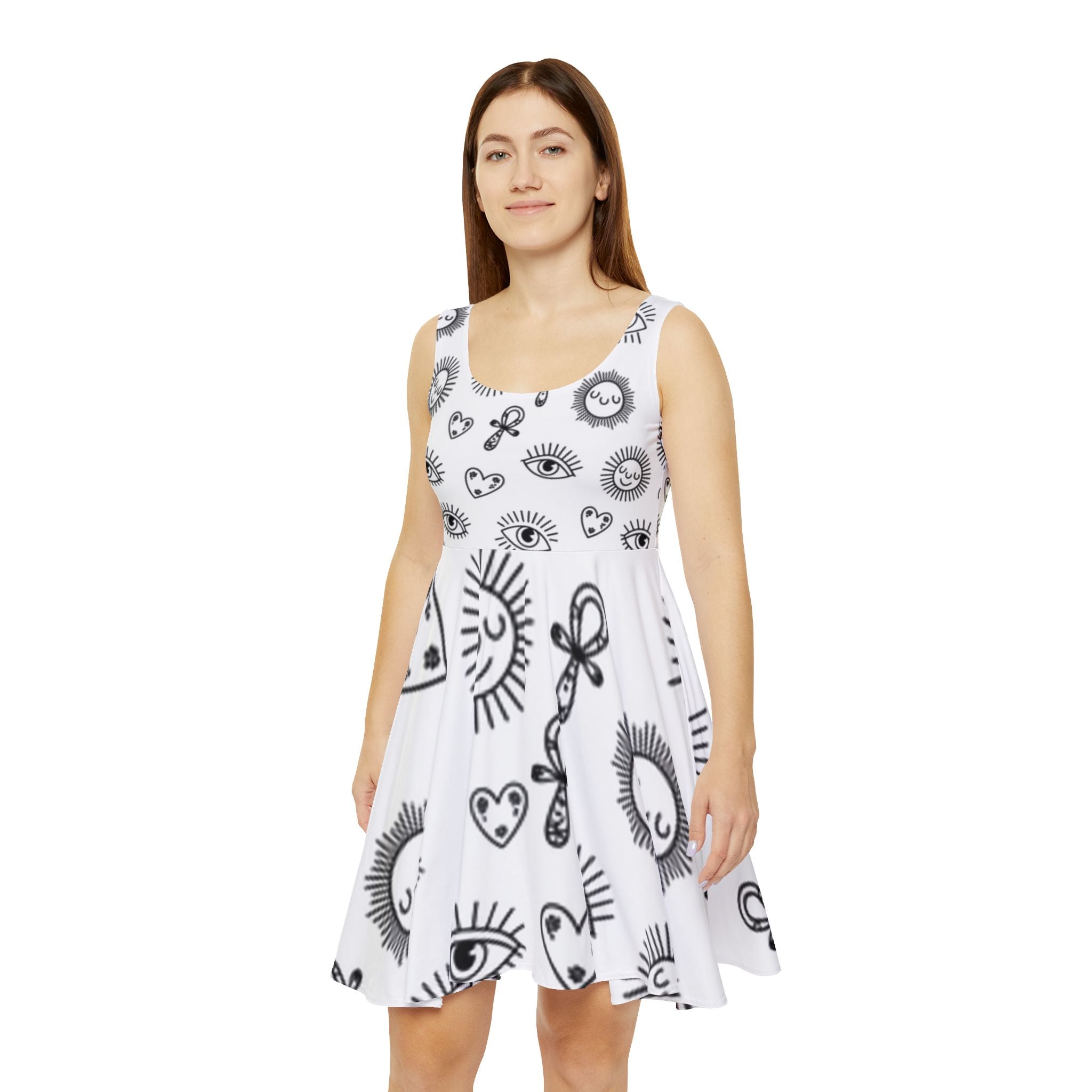 Bohemian Women's Skater Dress, Eye and Sun Pattern, Casual Summer Outfit, Festival Wear, Beach Dress, Black and White Fashion