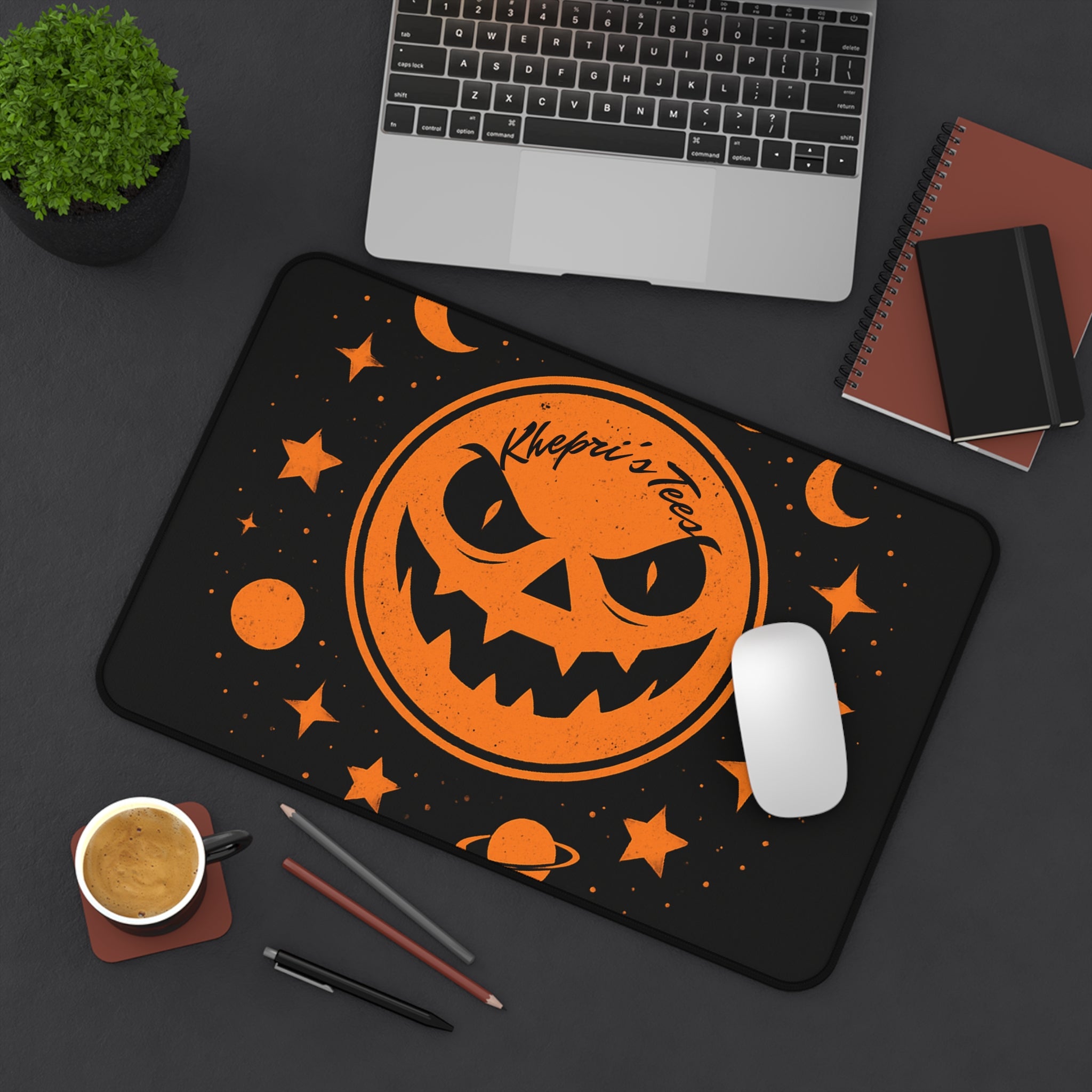 Halloween Desk Mat, Spooky Desk Accessories, Gamer Mouse Pad, Fall Decor, Pumpkin and Stars Design
