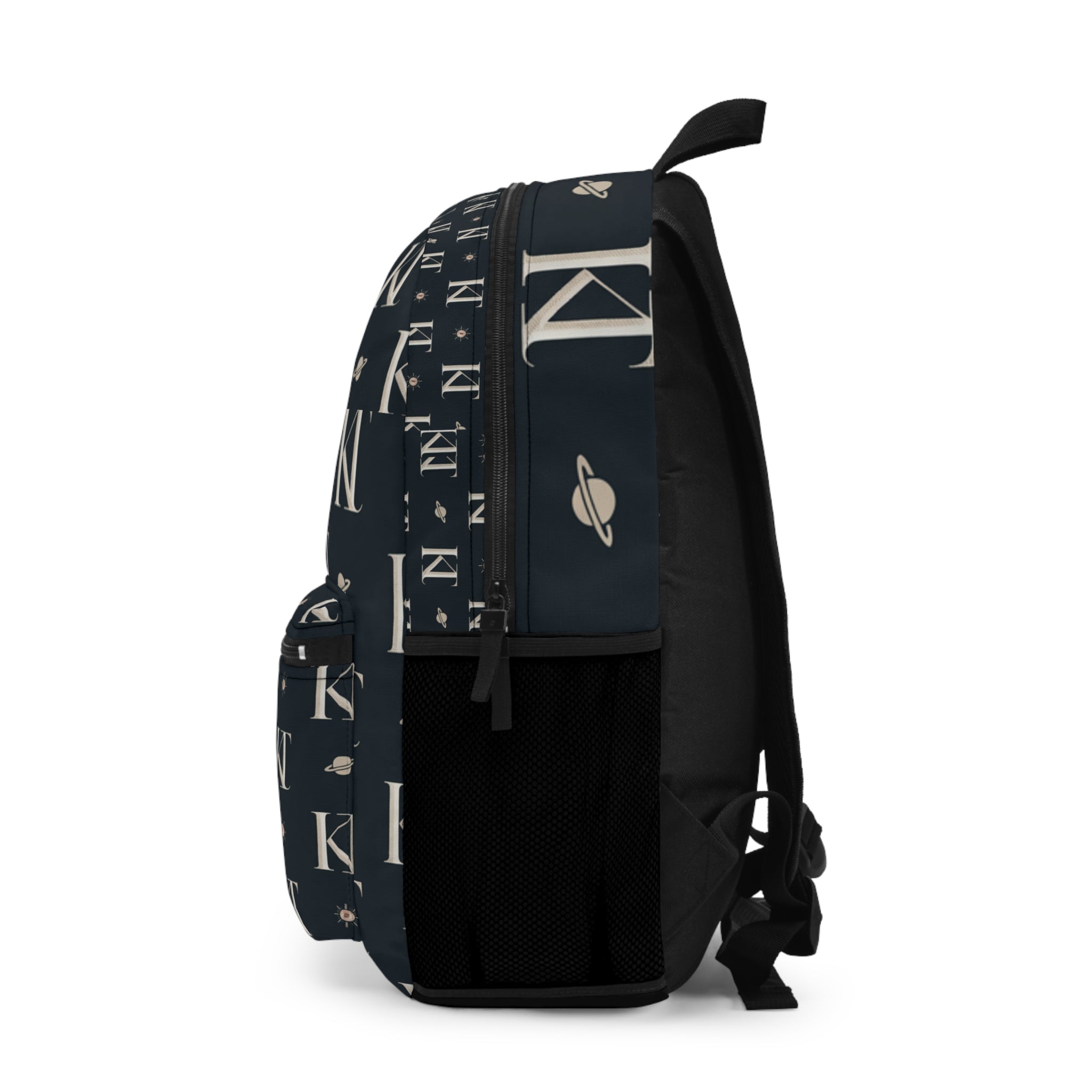 Monogram K Backpack — Navy Initial Pattern with Stars & Planets