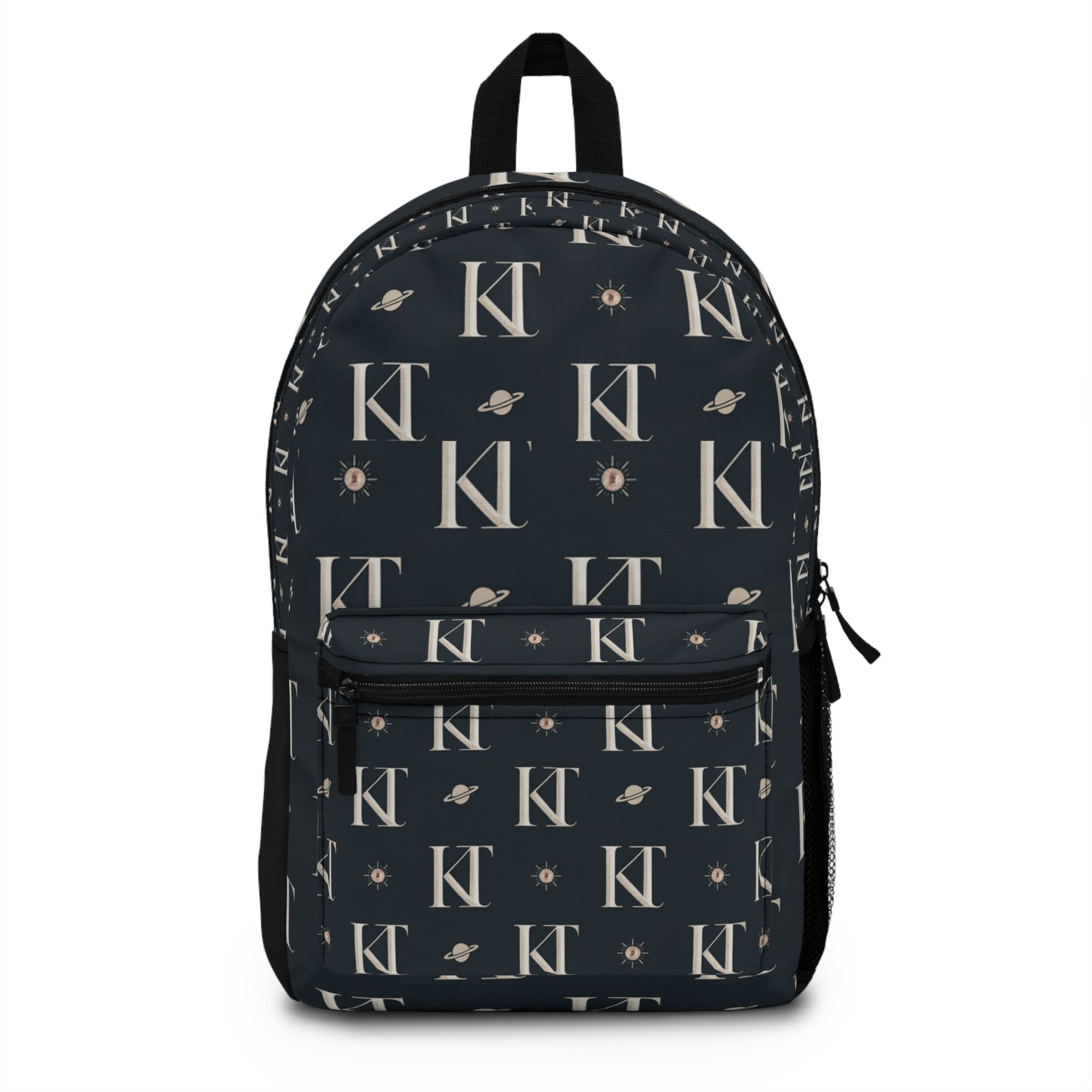 Monogram K Backpack — Navy Initial Pattern with Stars & Planets