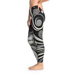 Mind-Bending Black & White Stretchy Leggings, Yoga Pants, Fashionable Athletic Wear, Spiral Swirl Design, Comfortable Workout Tights