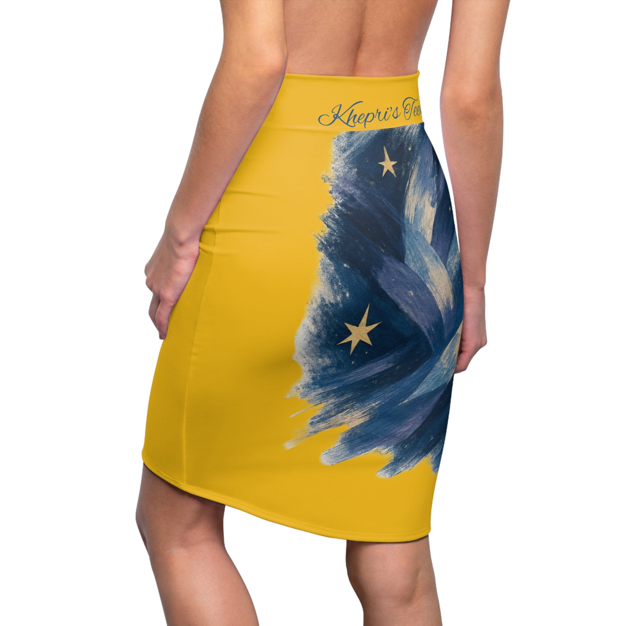 Day Night-Celestial Brushstroke Pencil Skirt — Yellow Night Sky Stars Design
