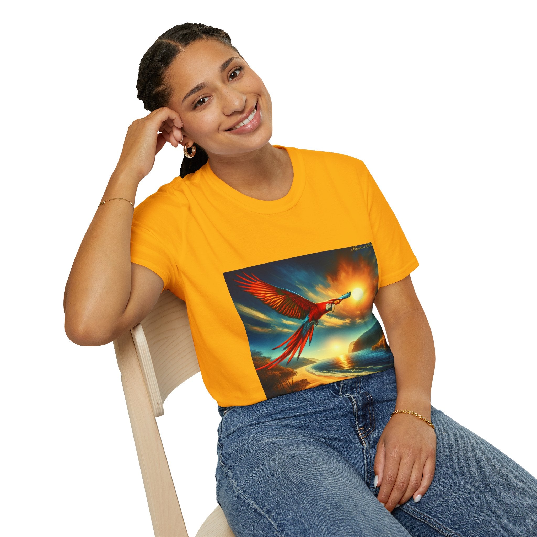 Scarlet Macaw 2 Suns Polaris-Sunbird T-Shirt, Unisex Softstyle Tee, Nature Lover Gift, Beachwear, Bohemian Style, Art-Inspired Clothing