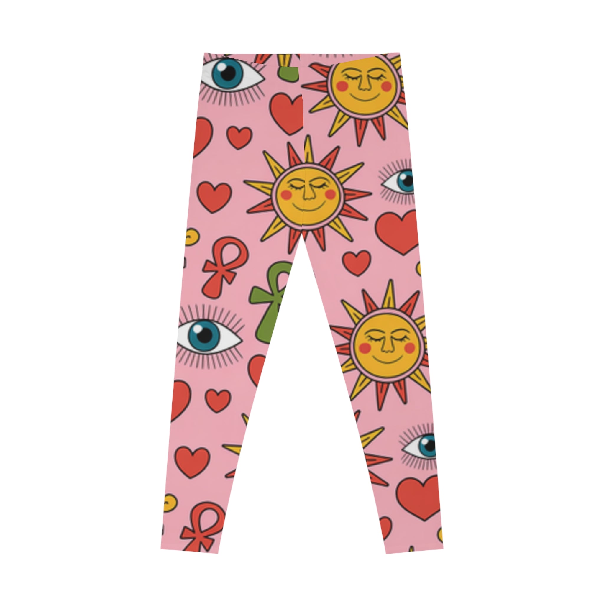 Vibrant Sun and Heart Stretchy Leggings, Perfect for Yoga, Casual Wear, and Gifts, AOP Leggings, Comfortable Fashion, Spring/Summer Style