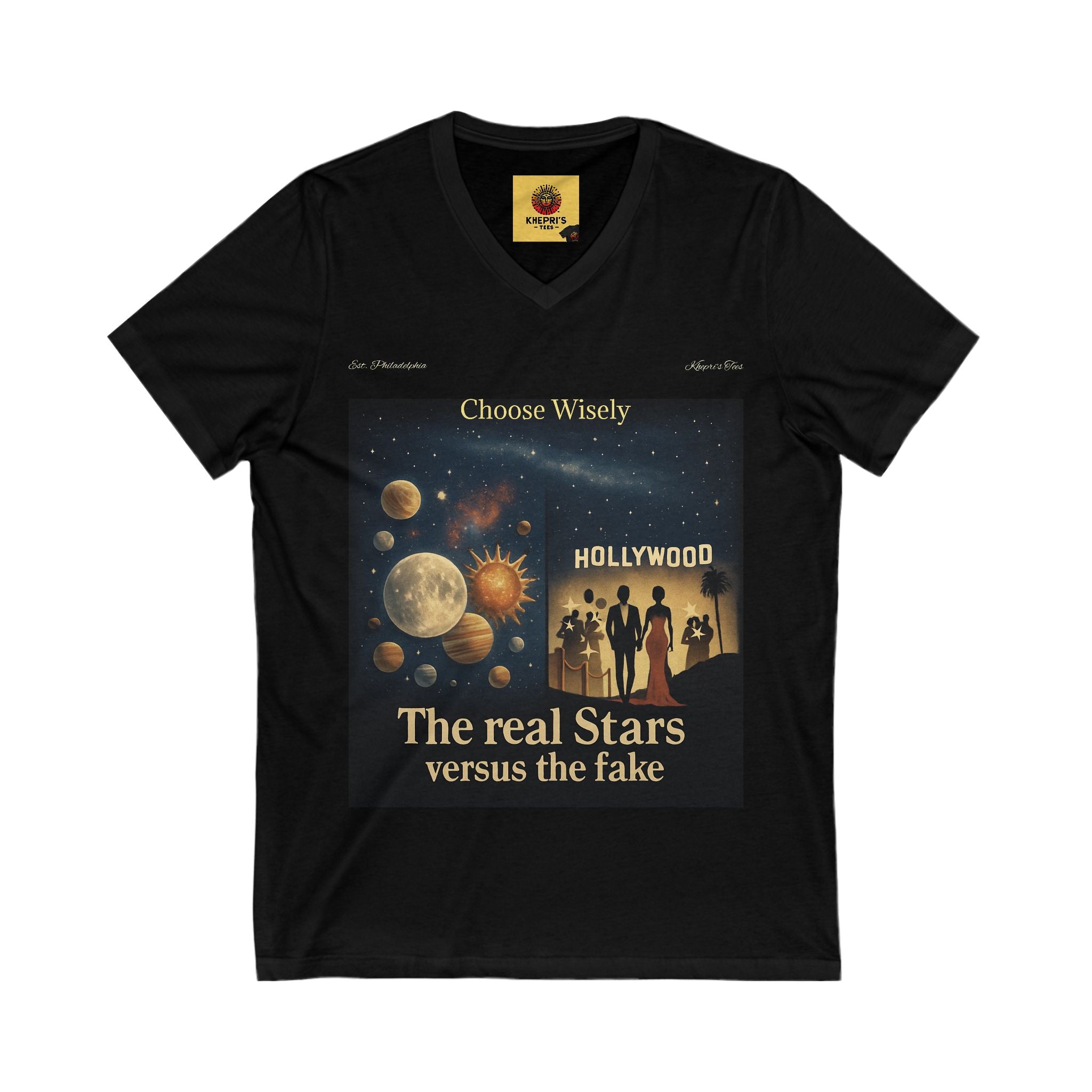 Celestial Celebrity V-Neck Tee, Casual Graphic Shirt, Star-Themed T-Shirt, Summer Fashion, Gift for Stargazers