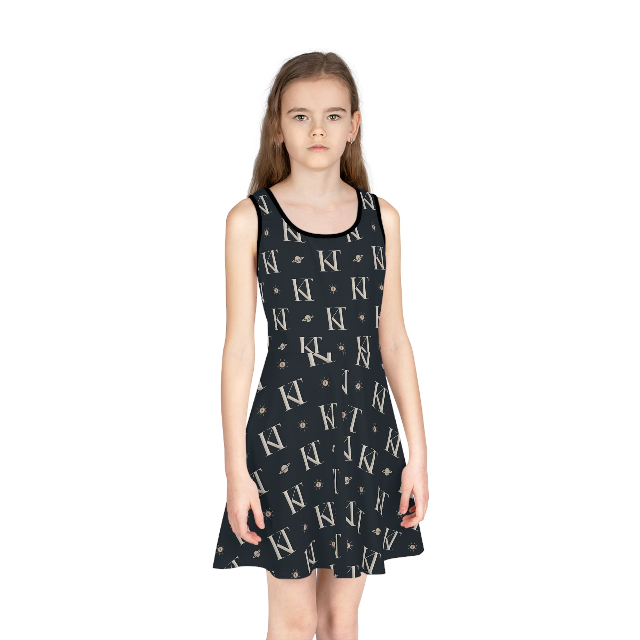 Cosmic Monogram Girls' Sundress, Summer Dress, Party Outfit, Birthday Gift, Stylish Playwear, Personalized Fashion
