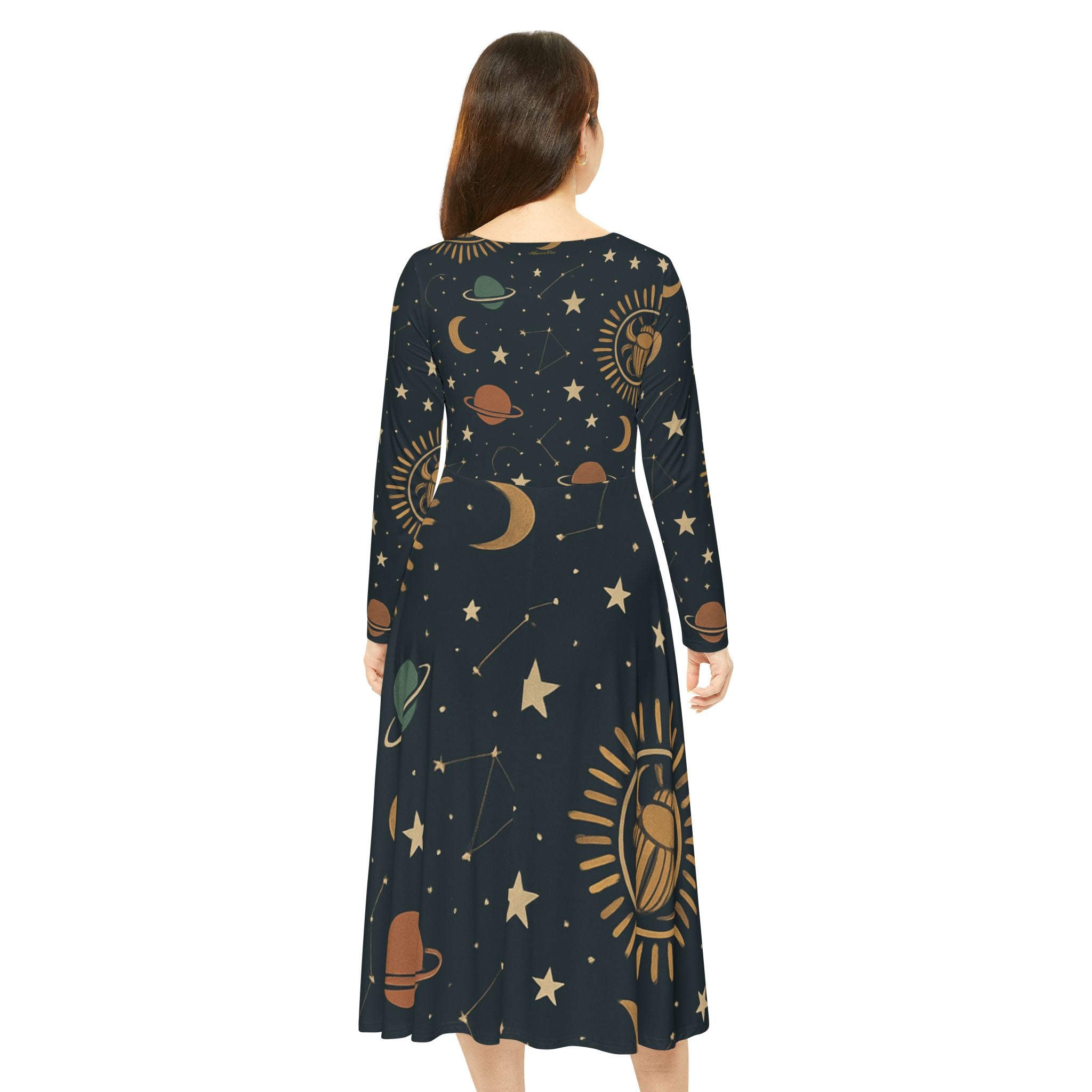Cosmic Dance Dress - Celestial Long Sleeve Dress, Astrology Dress, Unique Gift, Boho Style, Evening Wear, Festival Fashion