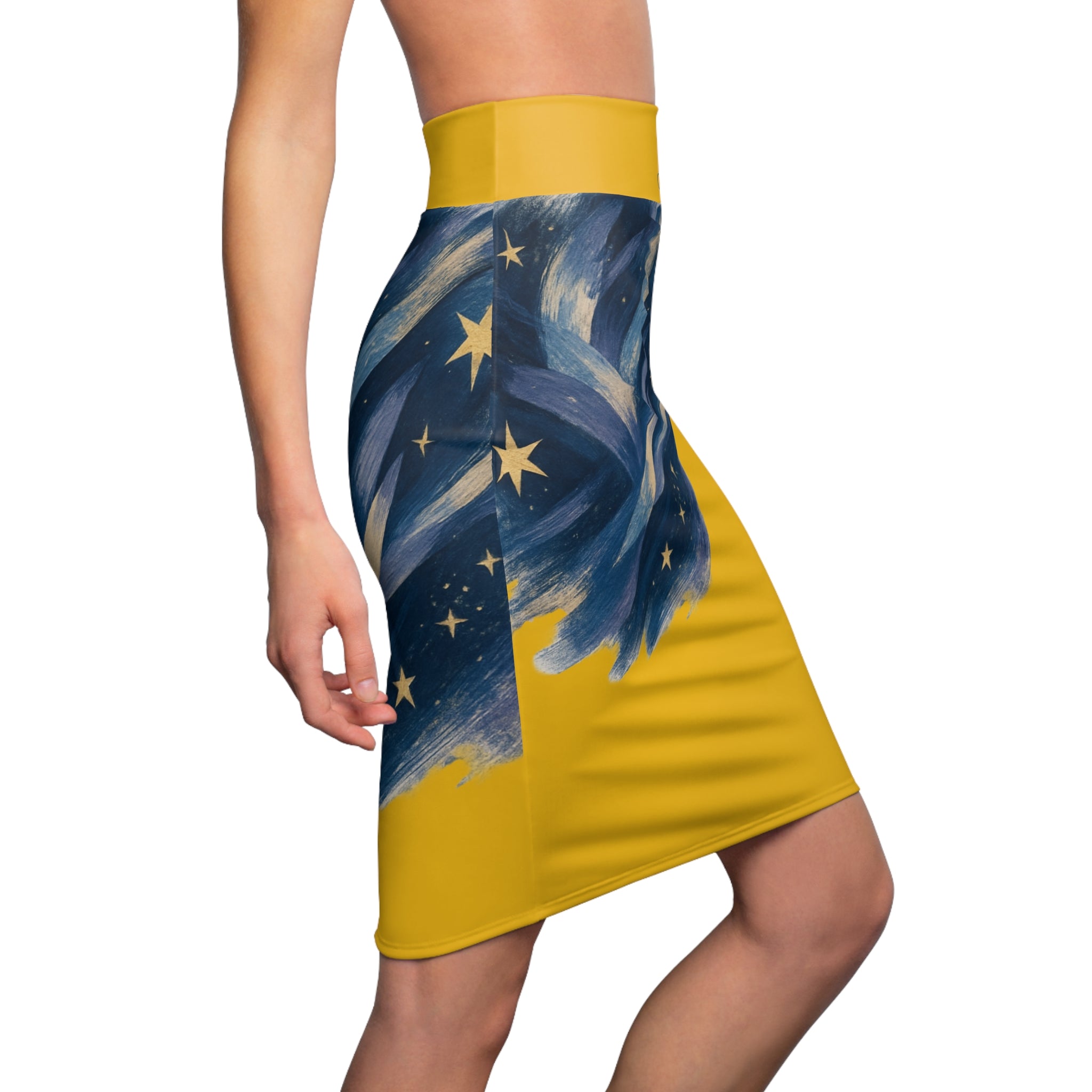 Day Night-Celestial Brushstroke Pencil Skirt — Yellow Night Sky Stars Design