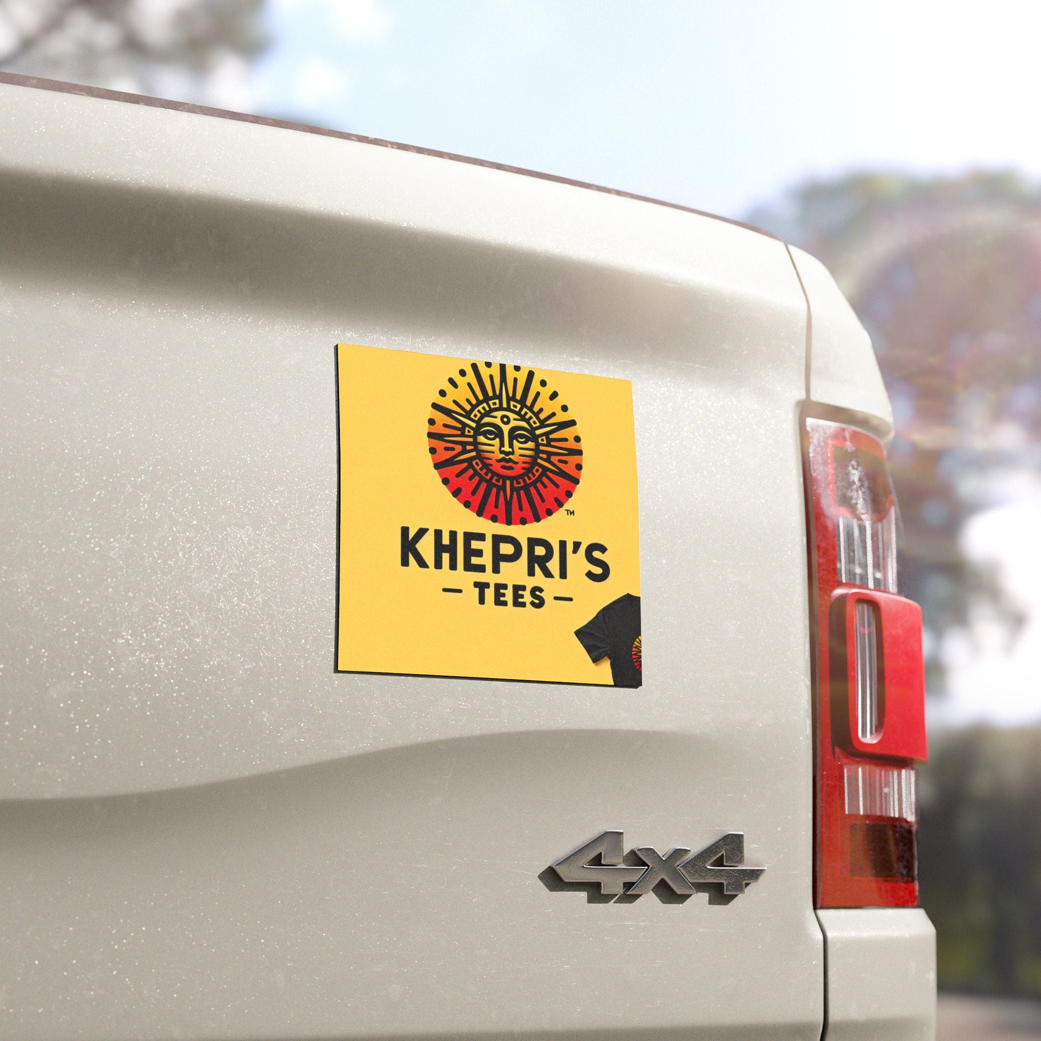 Khepri’s Tees Tag Logo Car Magnet — Bold Yellow Red Sun Emblem for Cars